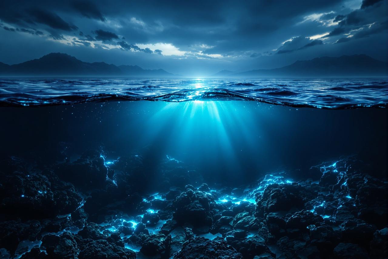 西瓜影视深海主题主视觉,暗蓝色海浪与光影交织